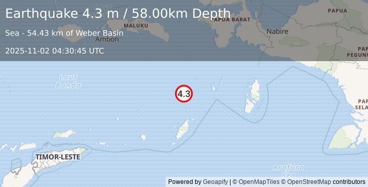 Earthquake KEP. TANIMBAR REGION, INDONESIA (4.3 m) (2025-11-02 04:30:45 UTC)