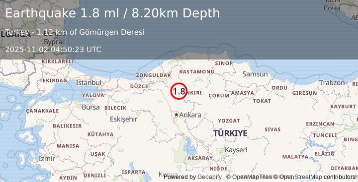 Earthquake CENTRAL TURKEY (1.8 ml) (2025-11-02 04:50:23 UTC)