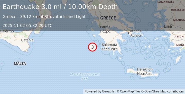 Earthquake CENTRAL MEDITERRANEAN SEA (3.0 ml) (2025-11-02 05:32:28 UTC)