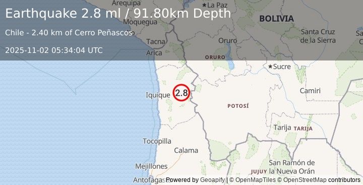 Earthquake TARAPACA, CHILE (2.8 ml) (2025-11-02 05:34:04 UTC)