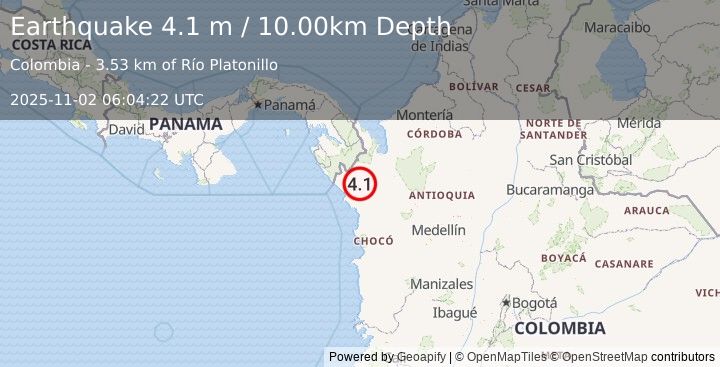 Earthquake PANAMA-COLOMBIA BORDER REGION (4.1 m) (2025-11-02 06:04:22 UTC)