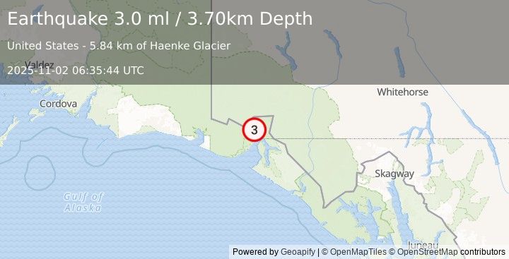 Earthquake SOUTHERN YUKON TERRITORY, CANADA (3.0 ml) (2025-11-02 06:35:44 UTC)