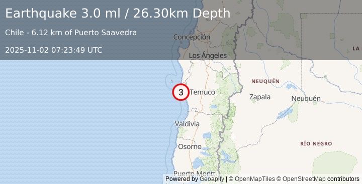 Earthquake OFFSHORE ARAUCANIA, CHILE (3.0 ml) (2025-11-02 07:23:49 UTC)