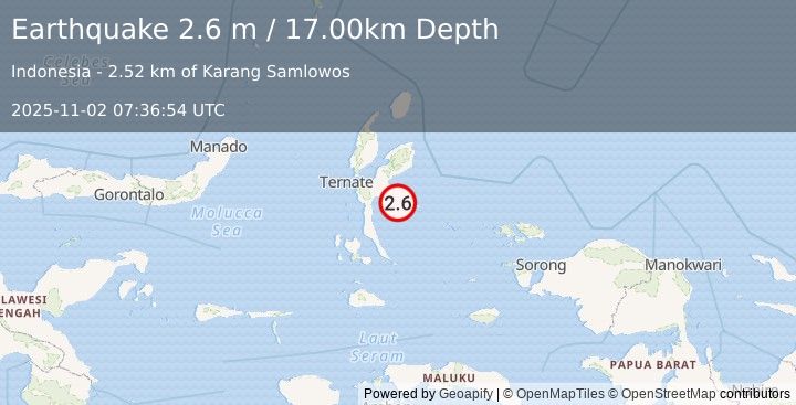 Earthquake HALMAHERA, INDONESIA (2.6 m) (2025-11-02 07:36:54 UTC)