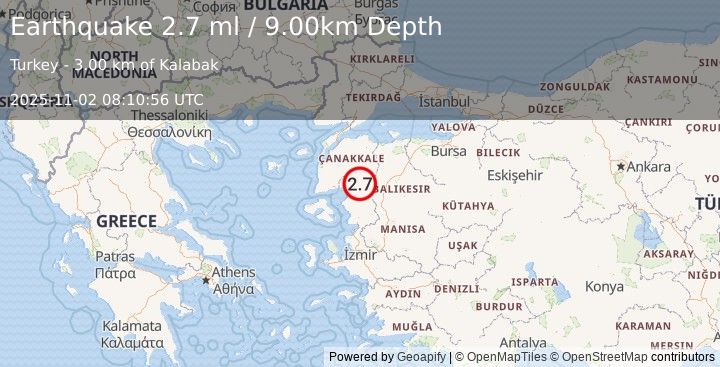 Earthquake WESTERN TURKEY (2.7 ml) (2025-11-02 08:10:56 UTC)