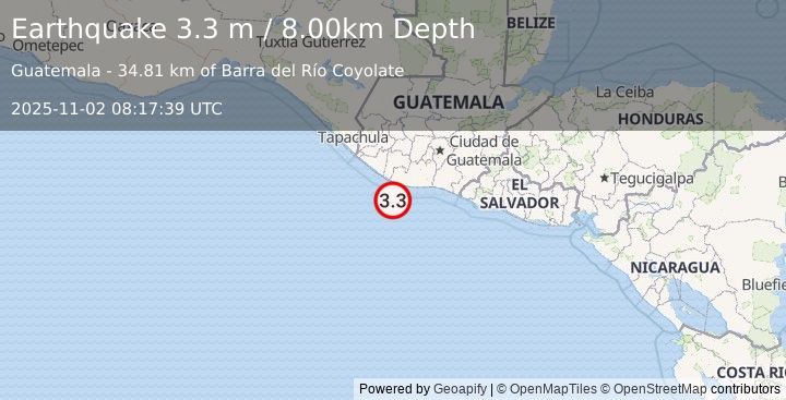 Earthquake OFFSHORE GUATEMALA (3.3 m) (2025-11-02 08:17:39 UTC)