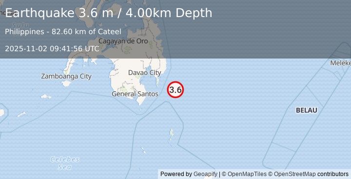 Earthquake PHILIPPINE ISLANDS REGION (3.6 m) (2025-11-02 09:41:56 UTC)