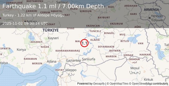 Earthquake EASTERN TURKEY (1.1 ml) (2025-11-02 09:30:14 UTC)