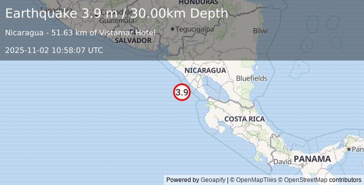 Earthquake NEAR COAST OF NICARAGUA (3.9 m) (2025-11-02 10:58:07 UTC)