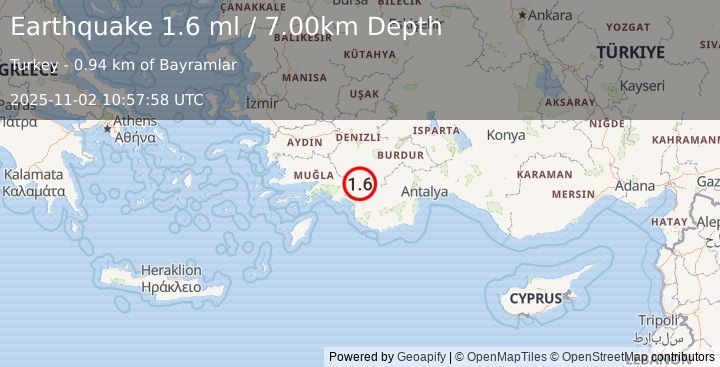 Earthquake WESTERN TURKEY (1.6 ml) (2025-11-02 10:57:58 UTC)
