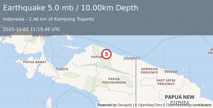 Earthquake NEAR N COAST OF PAPUA, INDONESIA (5.2 mb) (2025-11-02 11:15:48 UTC)