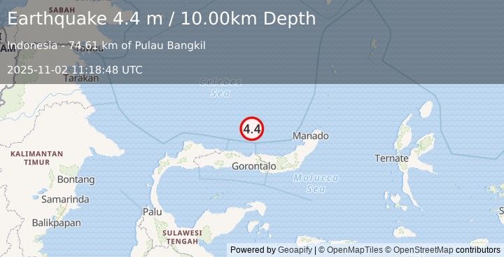 Earthquake MINAHASA, SULAWESI, INDONESIA (4.4 m) (2025-11-02 11:18:48 UTC)