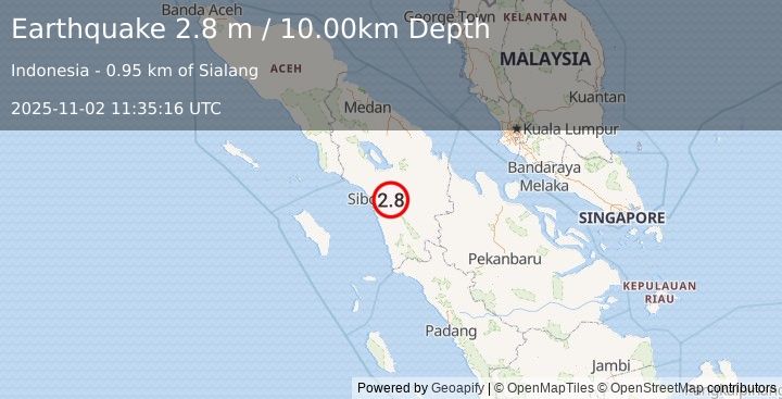 Earthquake NORTHERN SUMATRA, INDONESIA (2.8 m) (2025-11-02 11:35:16 UTC)