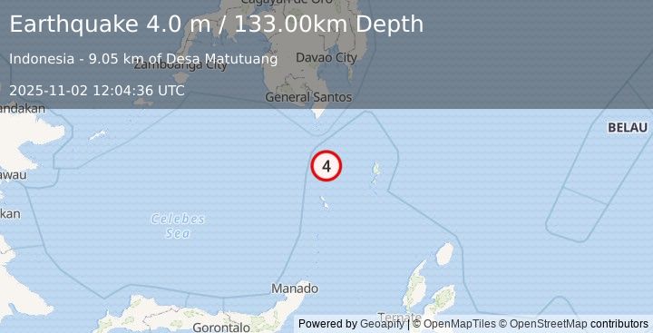 Earthquake KEPULAUAN SANGIHE, INDONESIA (4.0 m) (2025-11-02 12:04:36 UTC)