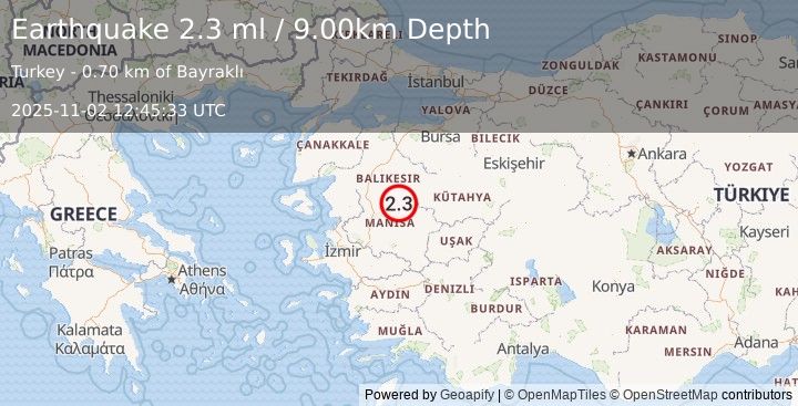 Earthquake WESTERN TURKEY (1.3 ml) (2025-11-02 12:46:20 UTC)