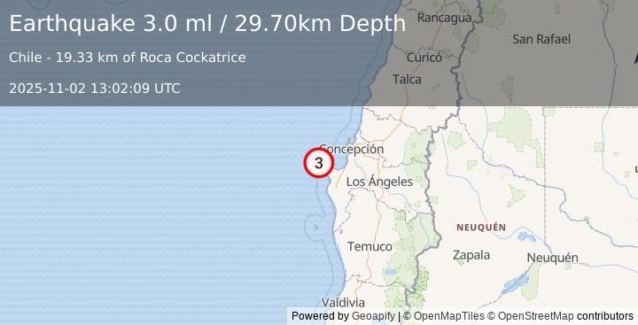 Earthquake OFFSHORE BIO-BIO, CHILE (3.0 ml) (2025-11-02 13:02:09 UTC)