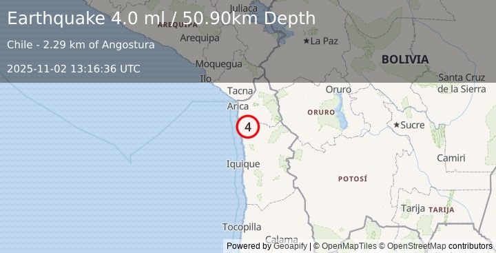Earthquake TARAPACA, CHILE (4.1 ml) (2025-11-02 13:16:34 UTC)