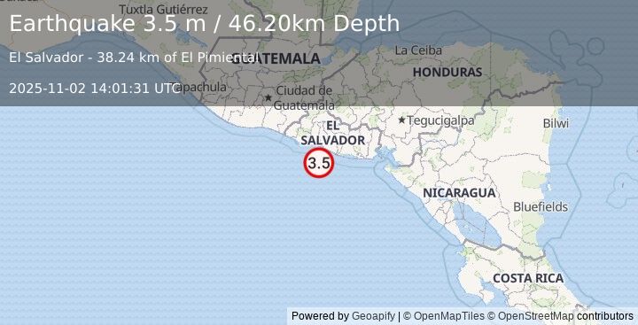 Earthquake OFFSHORE EL SALVADOR (3.5 m) (2025-11-02 14:01:31 UTC)