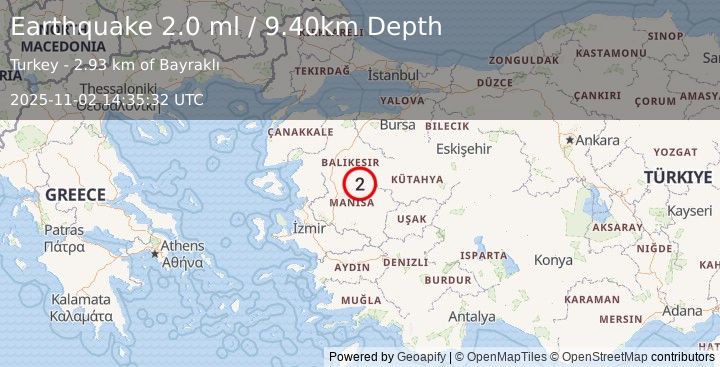 Earthquake WESTERN TURKEY (2.0 ml) (2025-11-02 14:35:32 UTC)