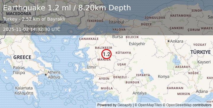 Earthquake WESTERN TURKEY (1.2 ml) (2025-11-02 14:32:30 UTC)