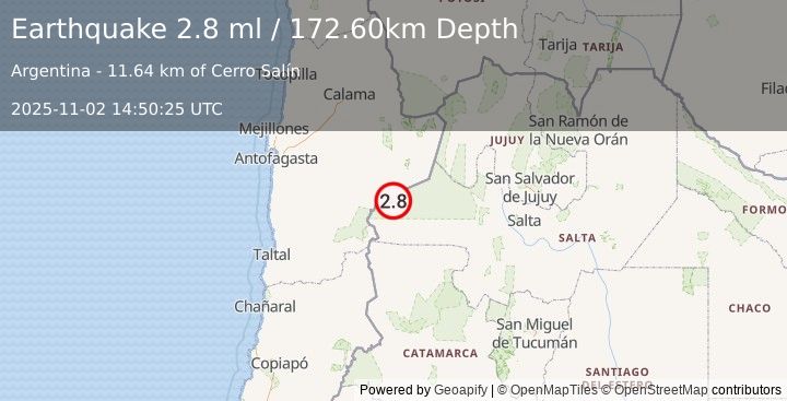Earthquake SALTA, ARGENTINA (2.8 ml) (2025-11-02 14:50:25 UTC)