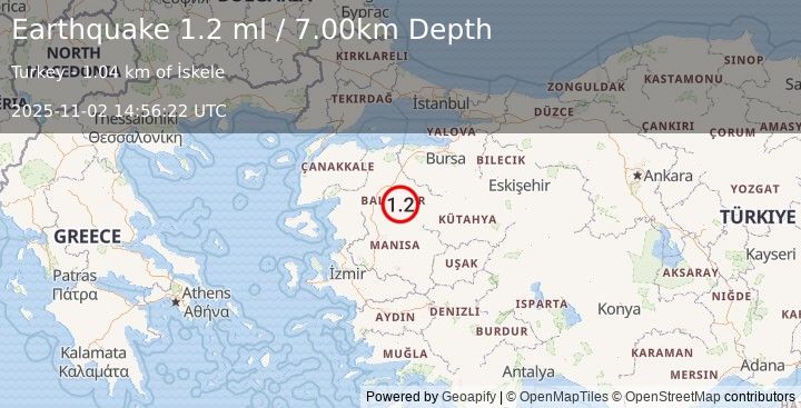 Earthquake WESTERN TURKEY (1.2 ml) (2025-11-02 14:56:22 UTC)