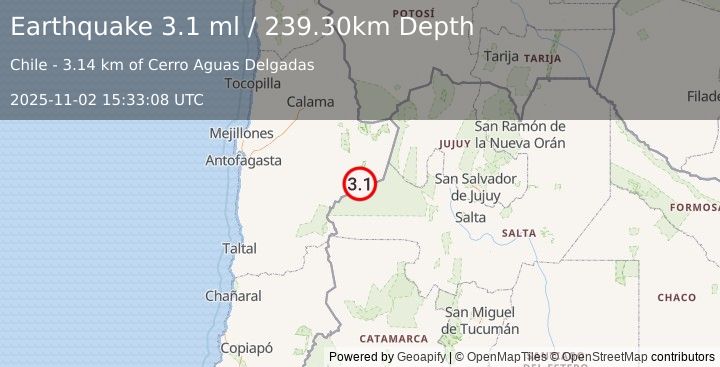 Earthquake ANTOFAGASTA, CHILE (3.1 ml) (2025-11-02 15:33:08 UTC)