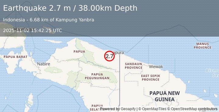 Earthquake NEAR N COAST OF PAPUA, INDONESIA (2.7 m) (2025-11-02 15:42:25 UTC)