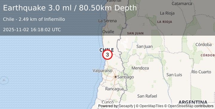Earthquake COQUIMBO, CHILE (3.0 ml) (2025-11-02 16:18:02 UTC)