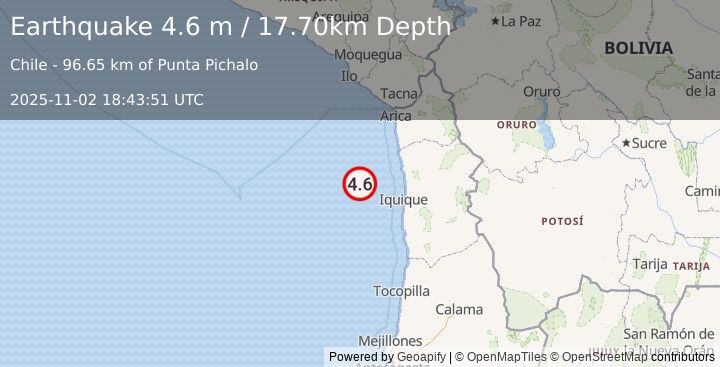 Earthquake OFF COAST OF TARAPACA, CHILE (4.6 m) (2025-11-02 18:43:51 UTC)