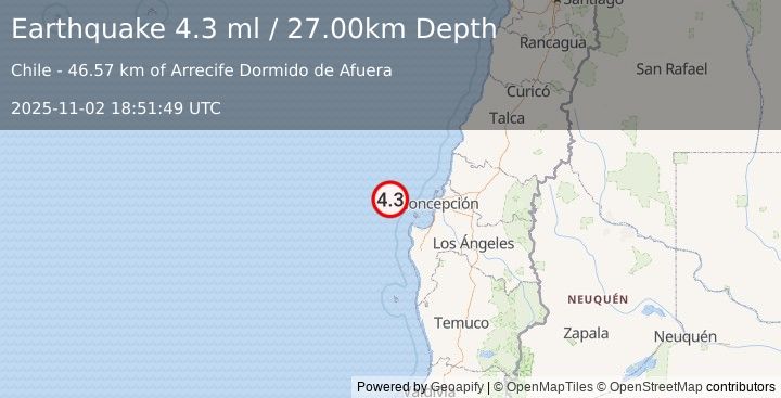 Earthquake OFFSHORE BIO-BIO, CHILE (4.5 ml) (2025-11-02 18:51:48 UTC)