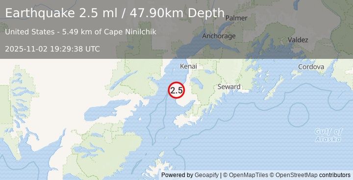Earthquake KENAI PENINSULA, ALASKA (2.5 ml) (2025-11-02 19:29:38 UTC)