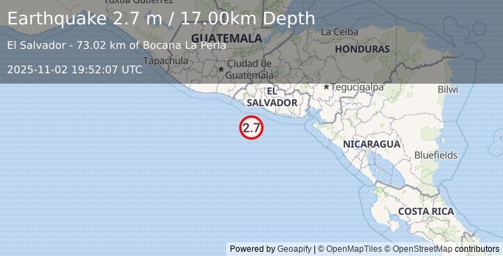 Earthquake OFFSHORE EL SALVADOR (2.7 m) (2025-11-02 19:52:07 UTC)