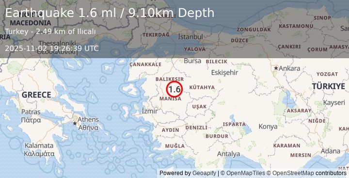 Earthquake WESTERN TURKEY (1.6 ml) (2025-11-02 19:26:38 UTC)
