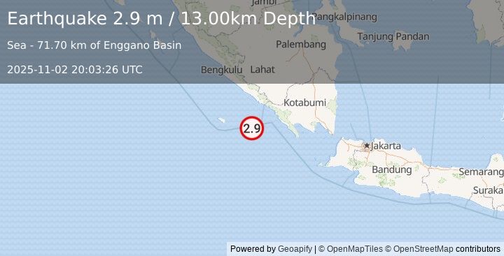 Earthquake SOUTHERN SUMATRA, INDONESIA (2.9 m) (2025-11-02 20:03:26 UTC)
