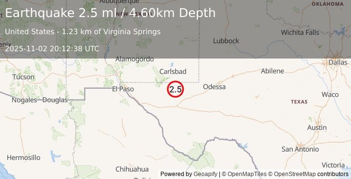 Earthquake WESTERN TEXAS (2.5 ml) (2025-11-02 20:12:38 UTC)