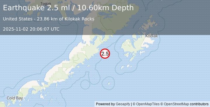 Earthquake ALASKA PENINSULA (2.5 ml) (2025-11-02 20:06:07 UTC)