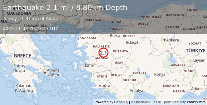 Earthquake WESTERN TURKEY (2.0 ml) (2025-11-02 20:27:47 UTC)