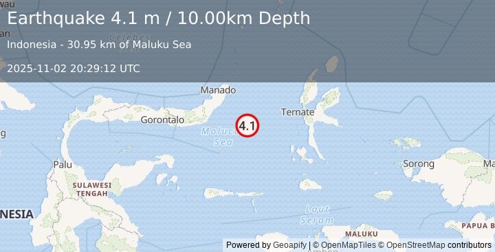 Earthquake MOLUCCA SEA (4.1 m) (2025-11-02 20:29:12 UTC)