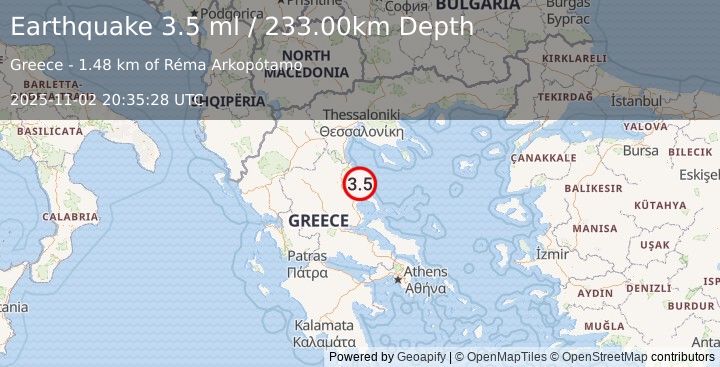 Earthquake GREECE (3.6 ml) (2025-11-02 20:35:33 UTC)