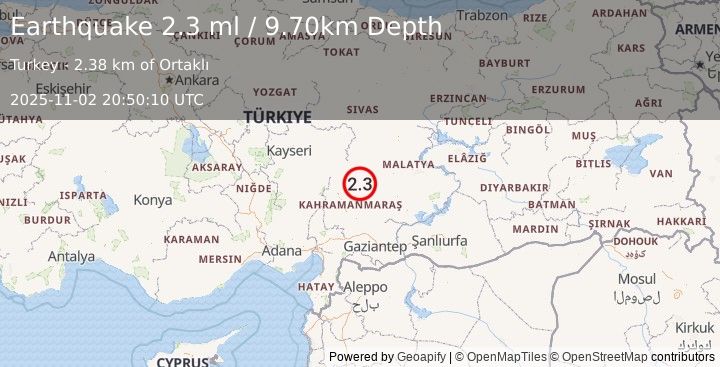 Earthquake CENTRAL TURKEY (2.3 ml) (2025-11-02 20:50:10 UTC)