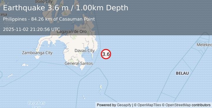 Earthquake PHILIPPINE ISLANDS REGION (3.6 m) (2025-11-02 21:20:56 UTC)