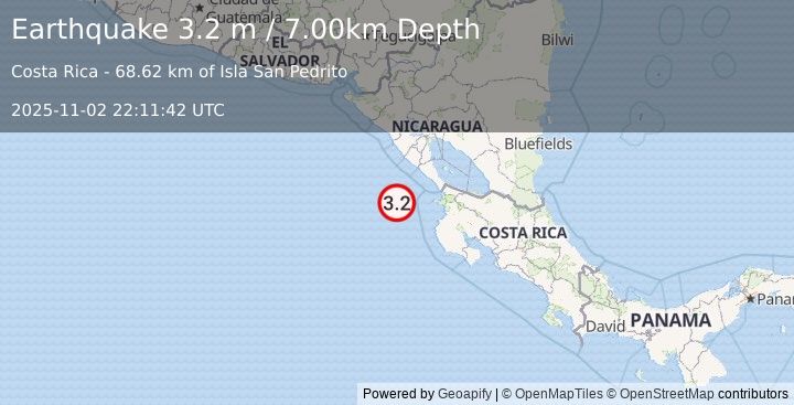 Earthquake OFF COAST OF COSTA RICA (3.2 m) (2025-11-02 22:11:45 UTC)