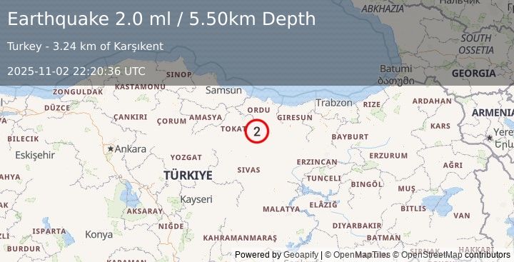 Earthquake CENTRAL TURKEY (2.0 ml) (2025-11-02 22:20:36 UTC)