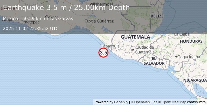Earthquake OFFSHORE CHIAPAS, MEXICO (3.5 m) (2025-11-02 22:35:52 UTC)