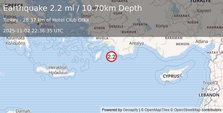 Earthquake DODECANESE IS.-TURKEY BORDER REG (2.2 ml) (2025-11-02 22:36:35 UTC)