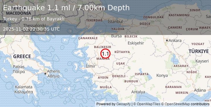Earthquake WESTERN TURKEY (1.1 ml) (2025-11-02 22:30:34 UTC)