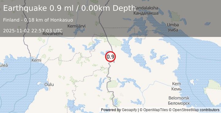 Earthquake FINLAND-RUSSIA BORDER REGION (0.9 ml) (2025-11-02 22:57:03 UTC)