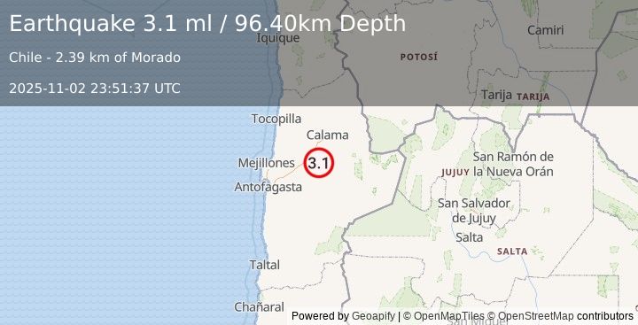 Earthquake ANTOFAGASTA, CHILE (3.1 ml) (2025-11-02 23:51:37 UTC)