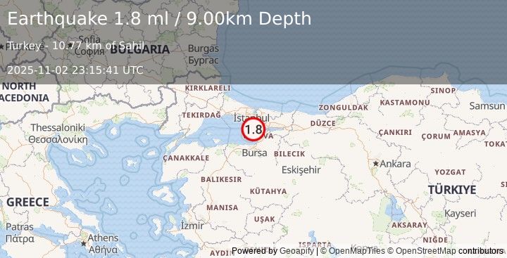 Earthquake WESTERN TURKEY (1.8 ml) (2025-11-02 23:15:40 UTC)